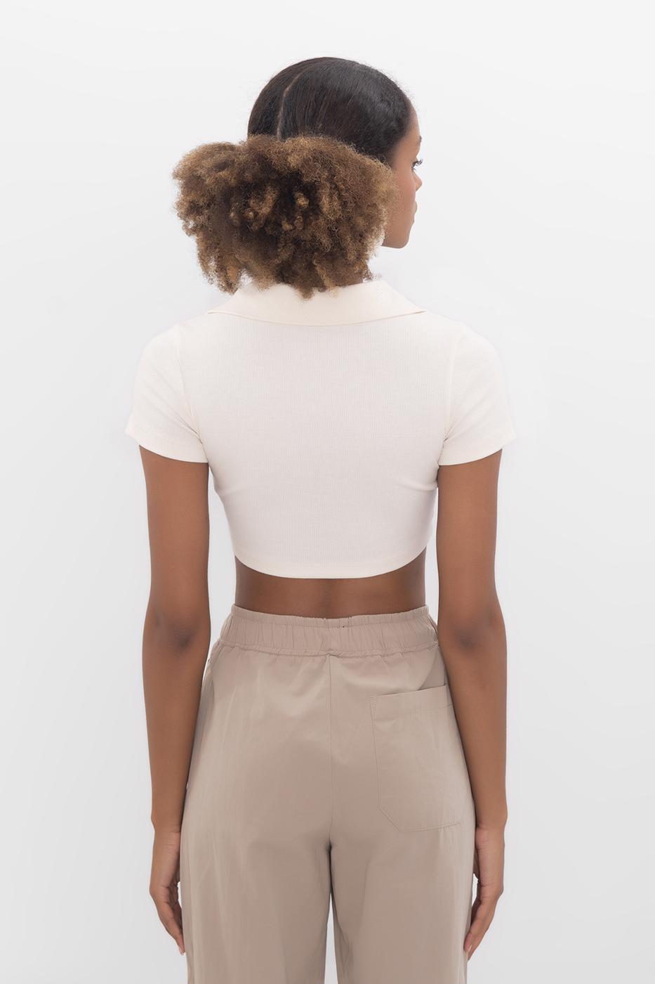 V-Cut Short Sleeve Polo Neck Crop Body Cream