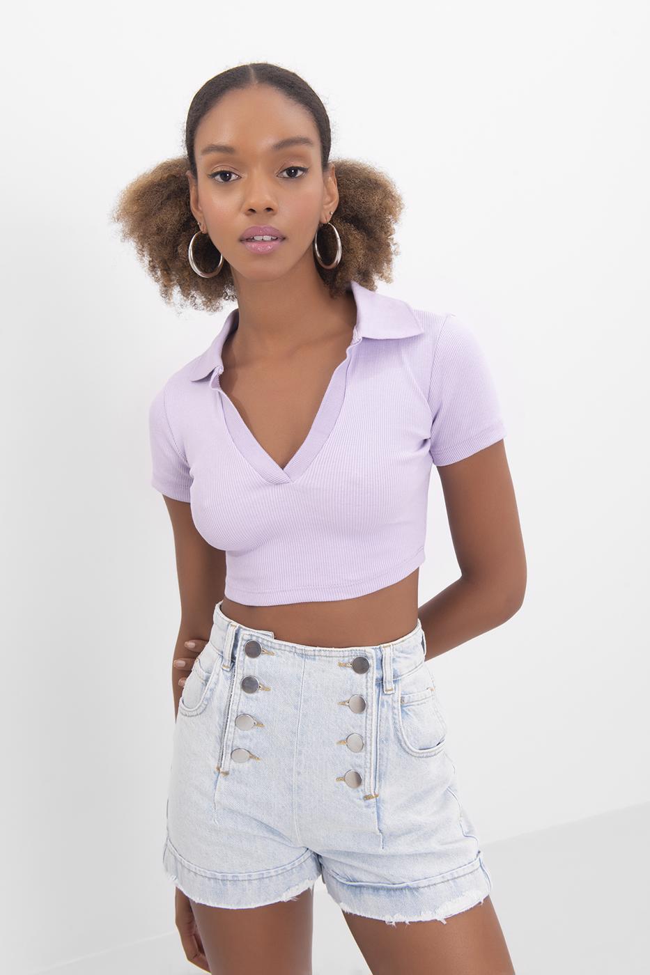 V-Cut Short Sleeve Polo Neck Crop Body Lila