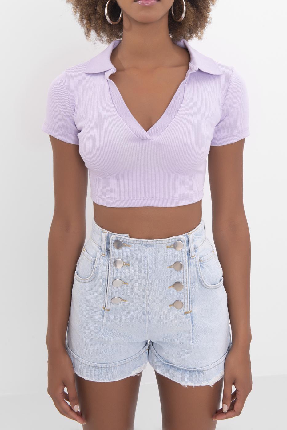 V-Cut Short Sleeve Polo Neck Crop Body Lila