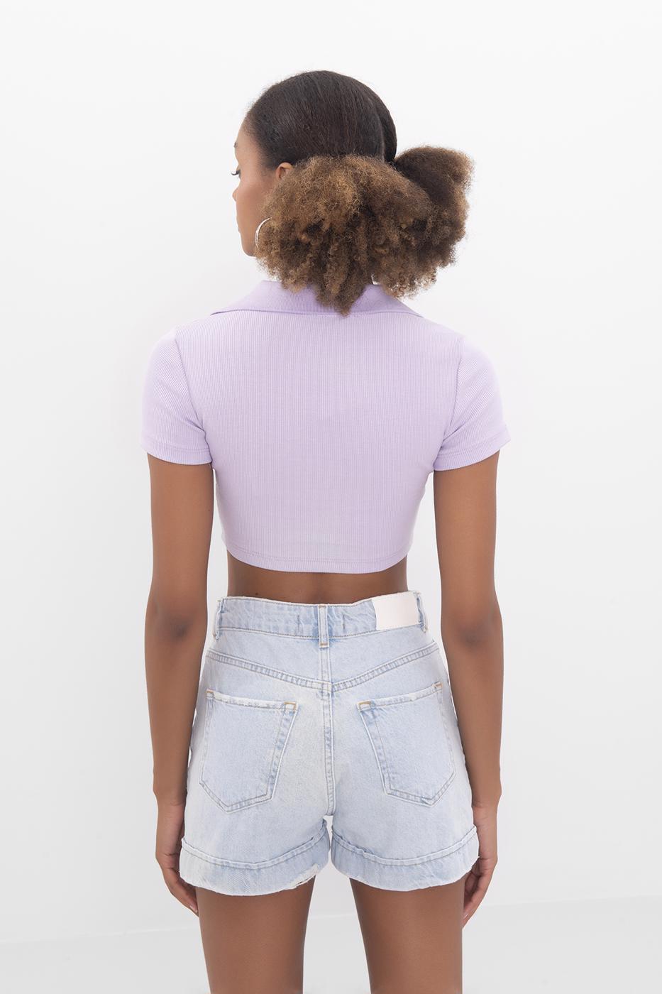 V-Cut Short Sleeve Polo Neck Crop Body Lila