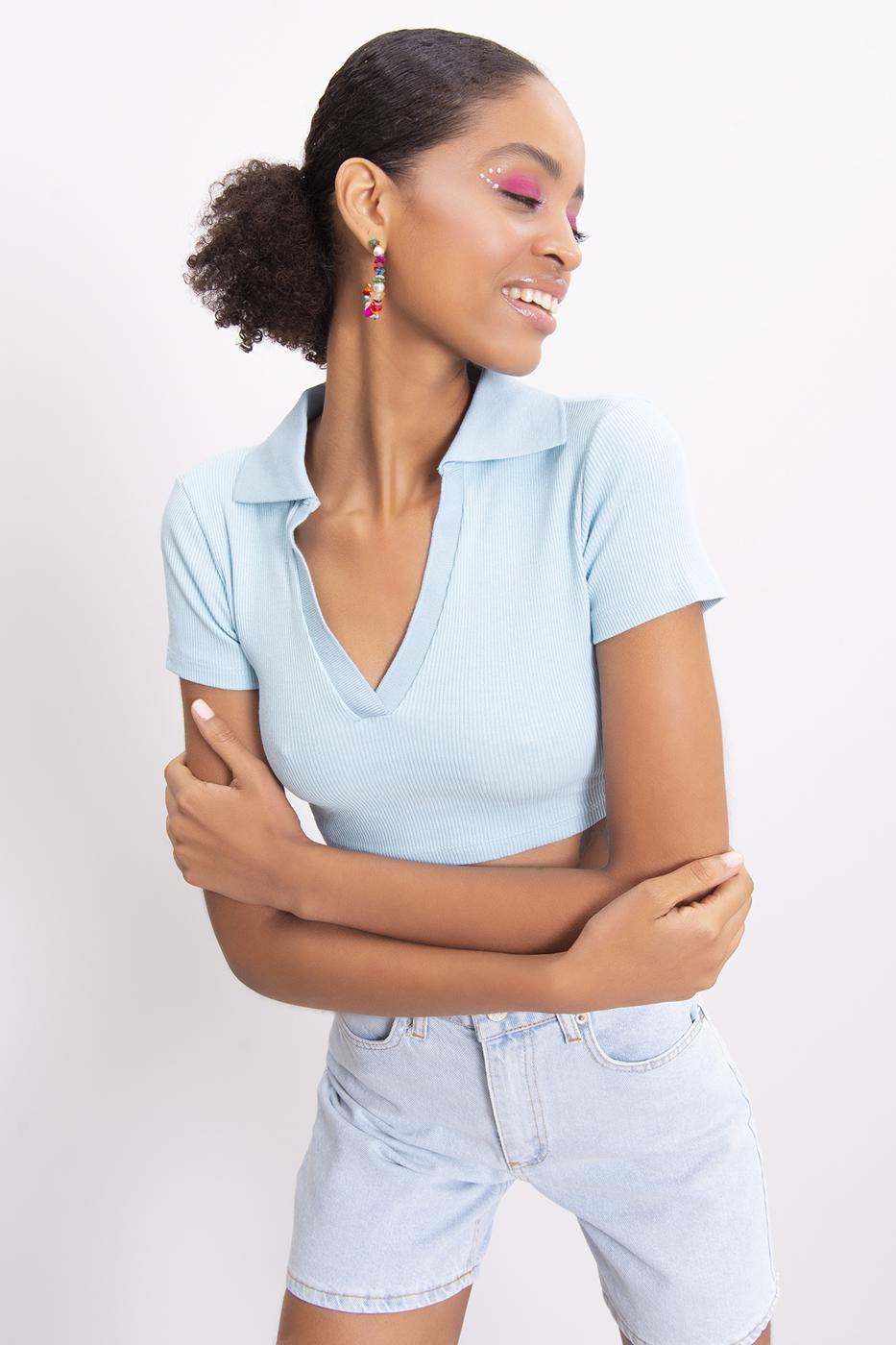 V-Cut Short Sleeve Polo Neck Crop Body Blue