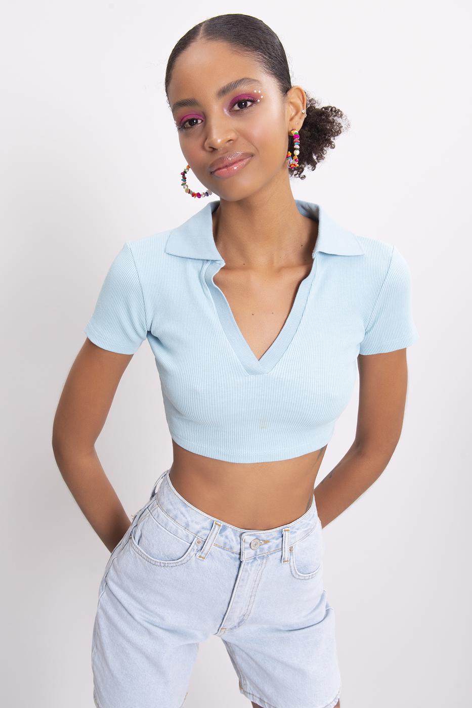 V-Cut Short Sleeve Polo Neck Crop Body Blue