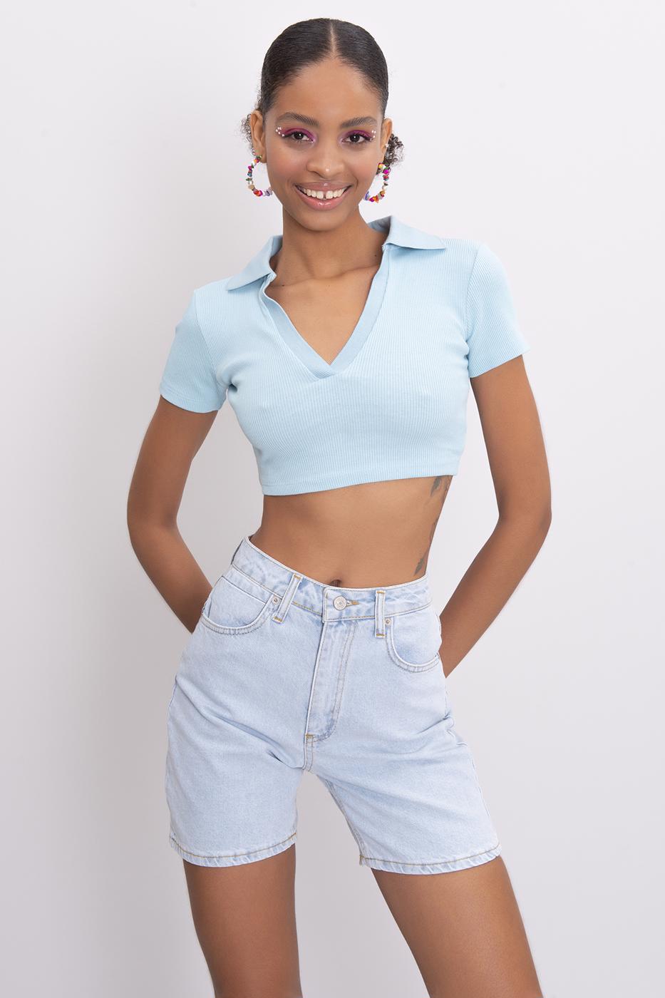 V-Cut Short Sleeve Polo Neck Crop Body Blue
