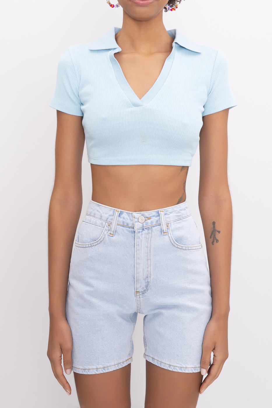 V-Cut Short Sleeve Polo Neck Crop Body Blue