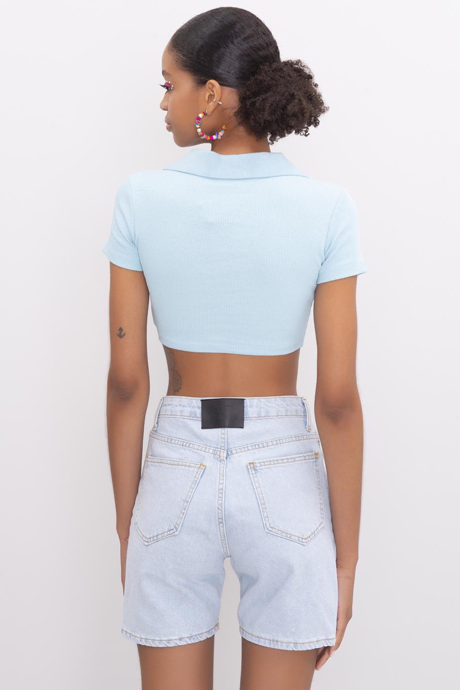 V-Cut Short Sleeve Polo Neck Crop Body Blue