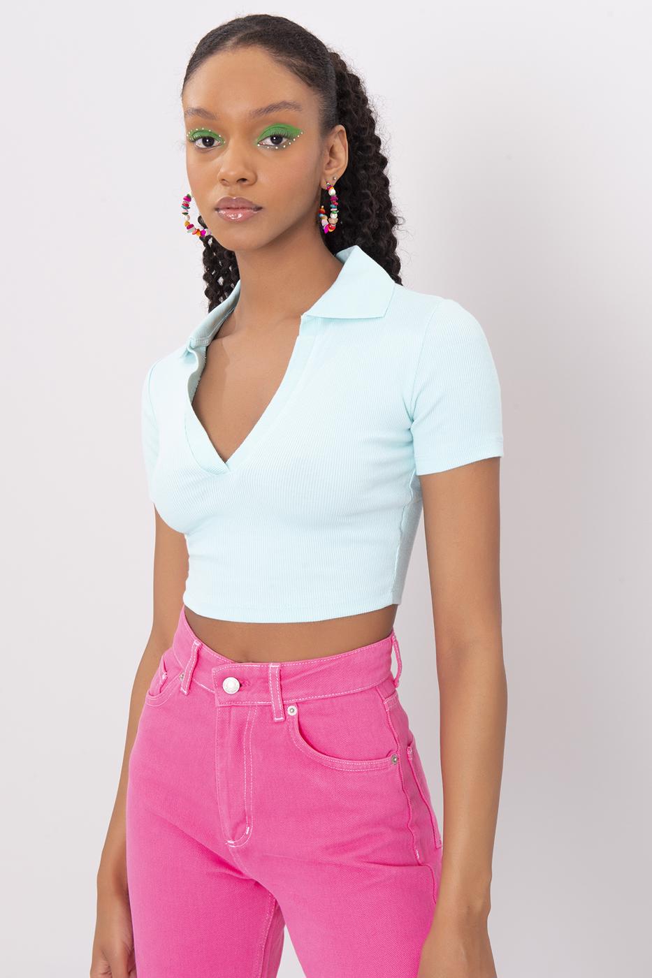V-Cut Short Sleeve Polo Neck Crop Body Mint