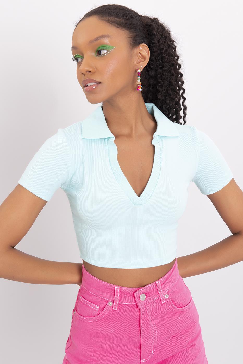 V-Cut Short Sleeve Polo Neck Crop Body Mint