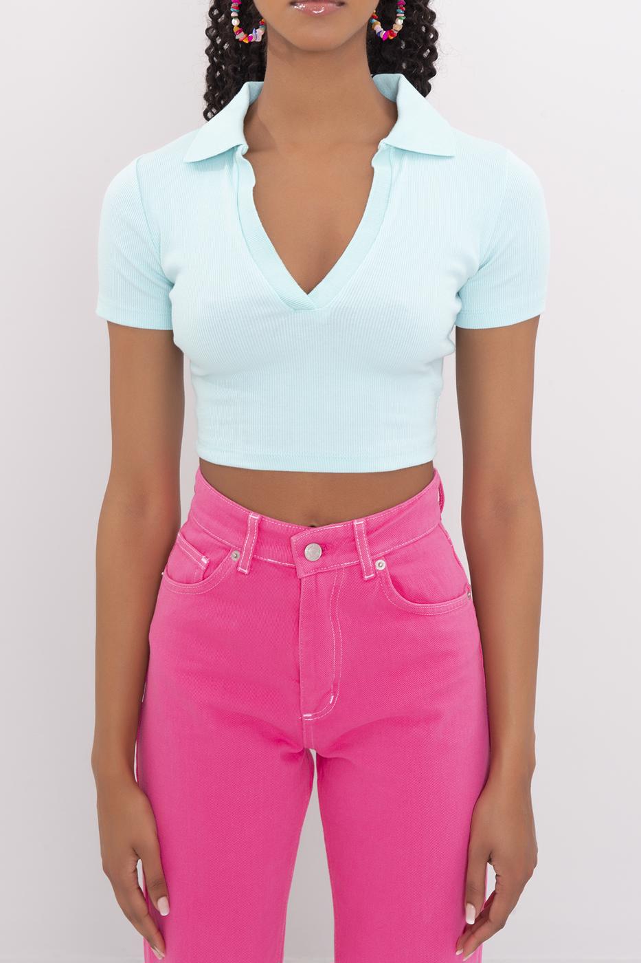 V-Cut Short Sleeve Polo Neck Crop Body Mint