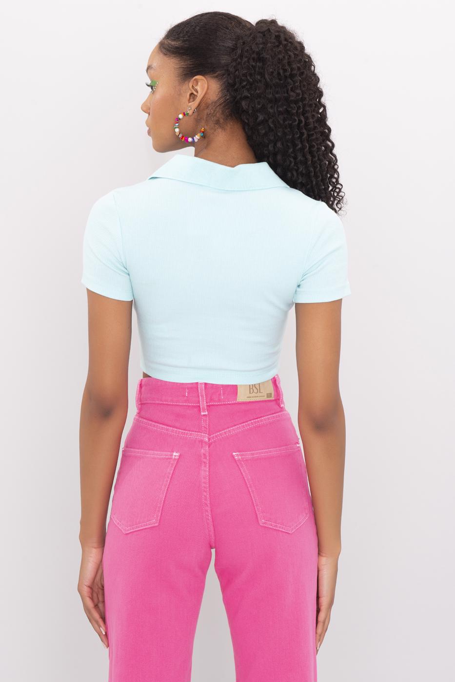 V-Cut Short Sleeve Polo Neck Crop Body Mint