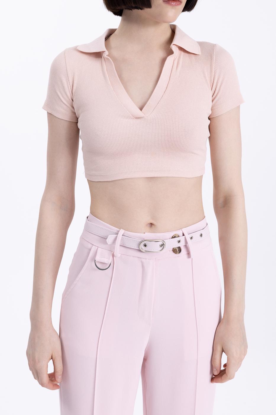 V-Cut Short Sleeve Polo Neck Crop Body Powder