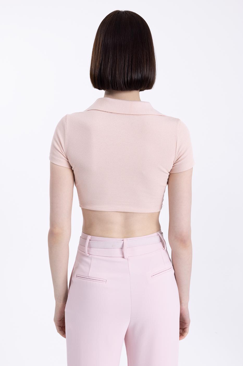 V-Cut Short Sleeve Polo Neck Crop Body Powder