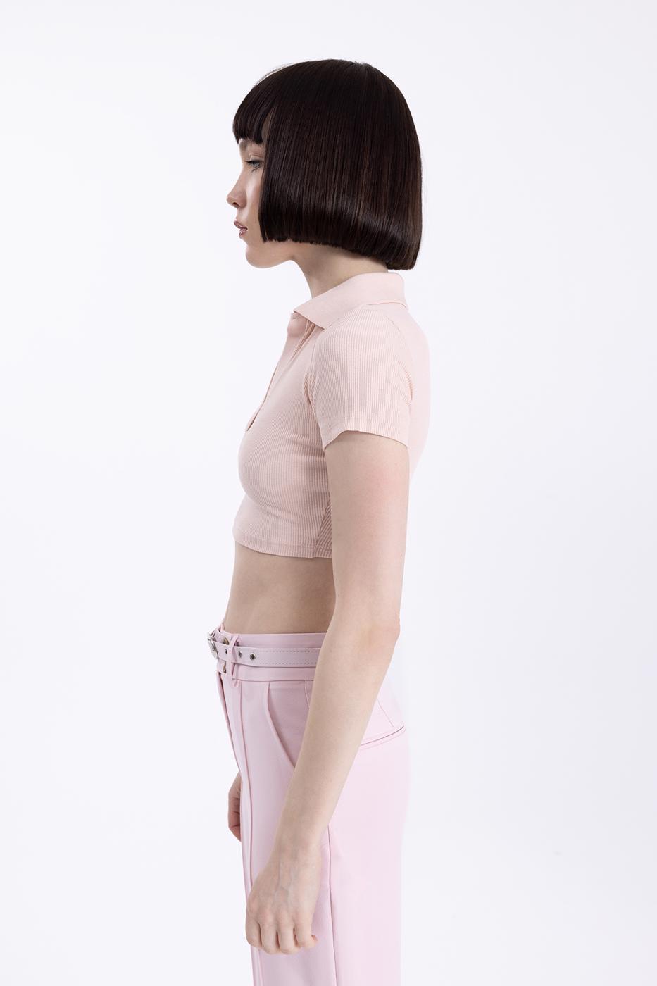 V-Cut Short Sleeve Polo Neck Crop Body Powder