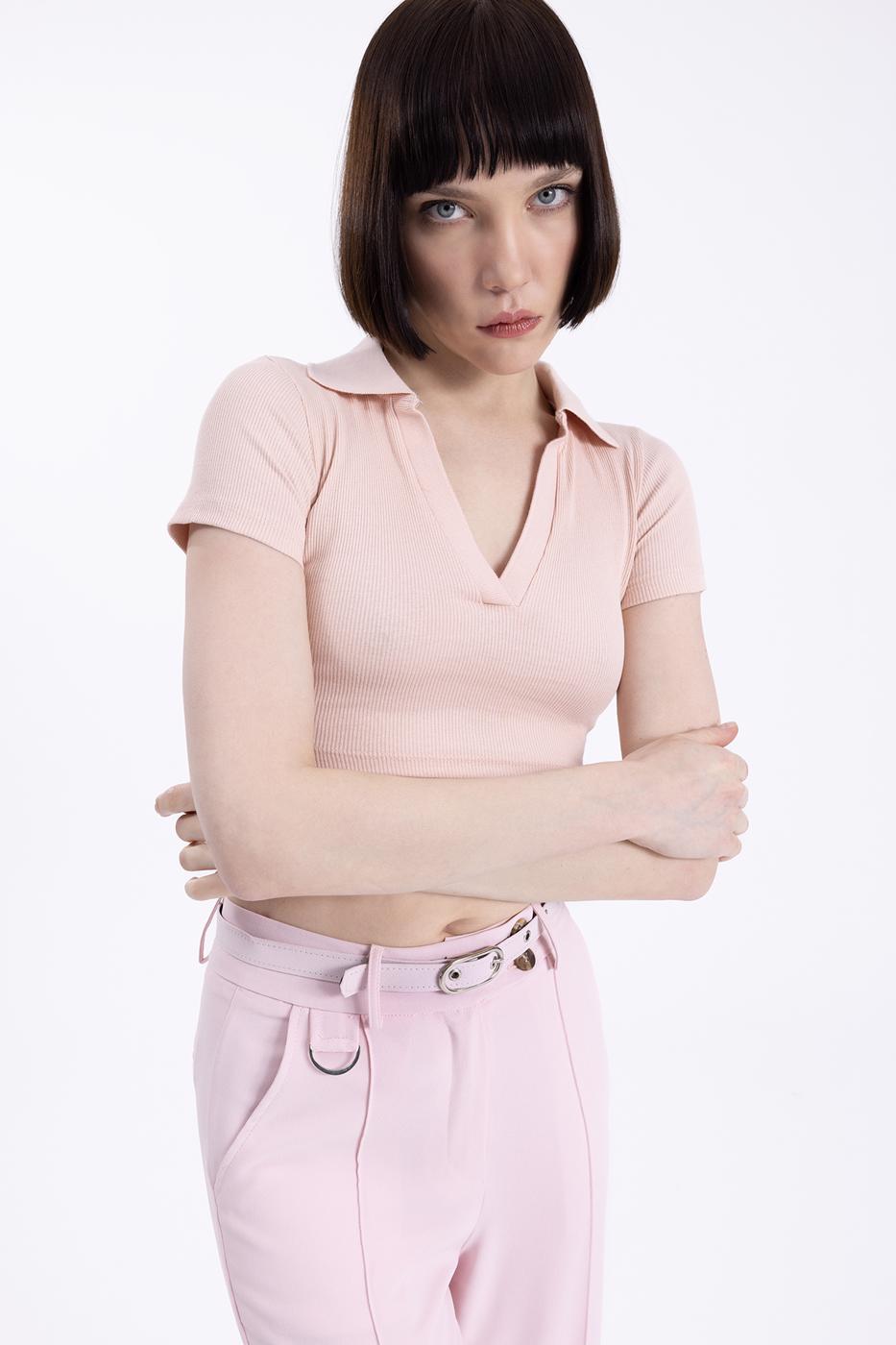 V-Cut Short Sleeve Polo Neck Crop Body Powder