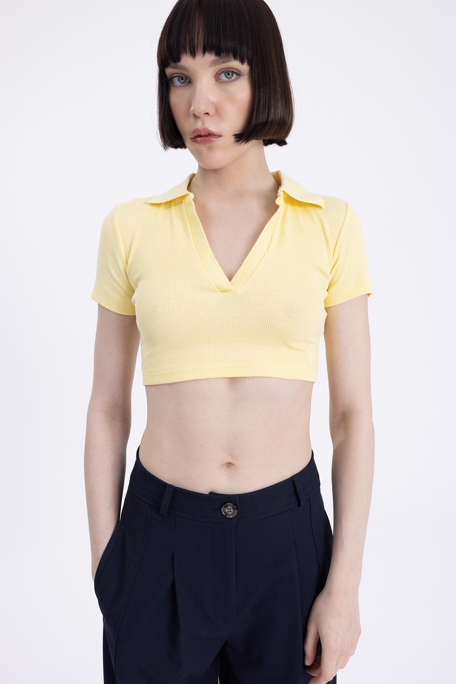V-Cut Short Sleeve Polo Neck Crop Body Yellow