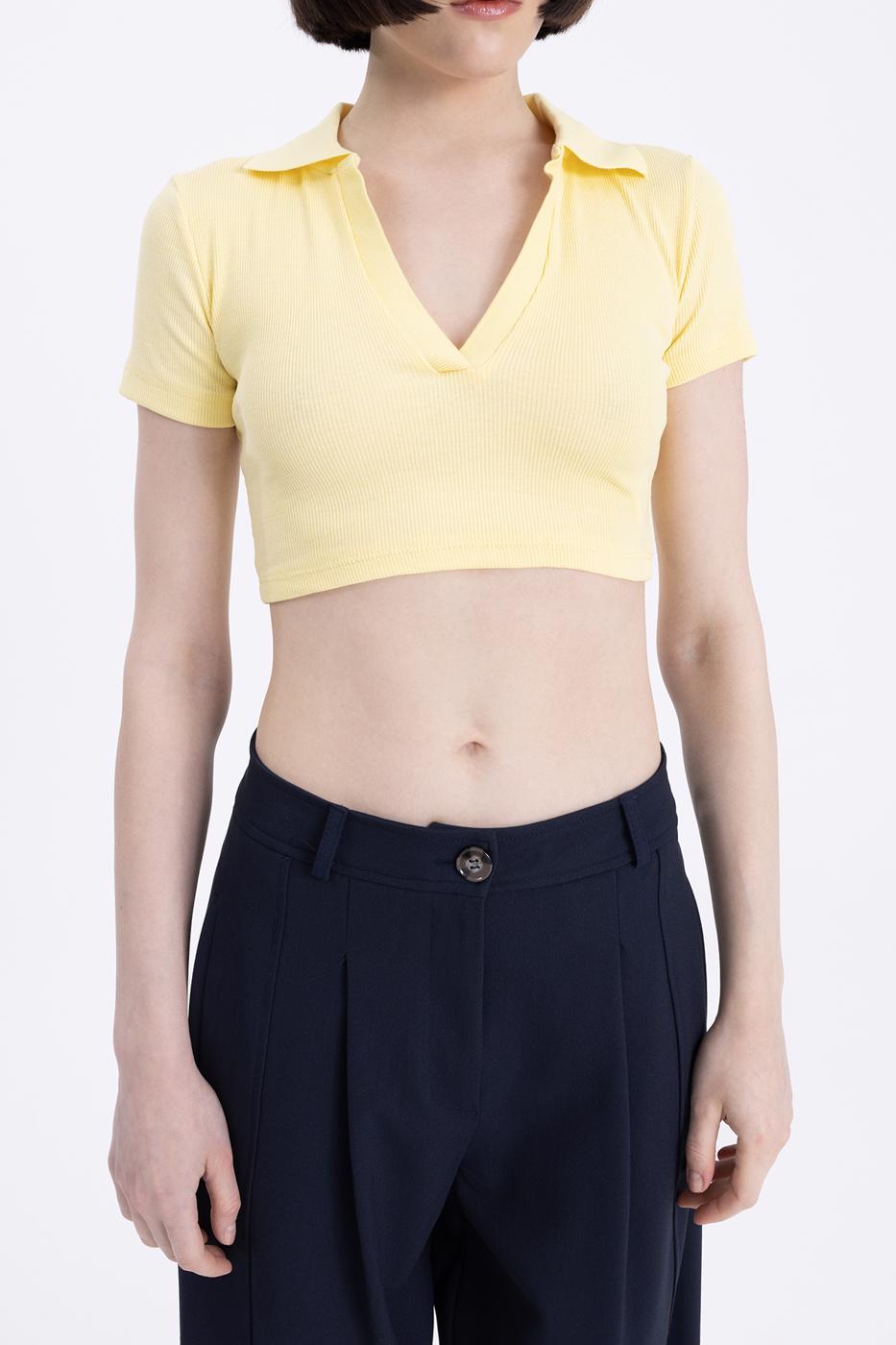V-Cut Short Sleeve Polo Neck Crop Body Yellow