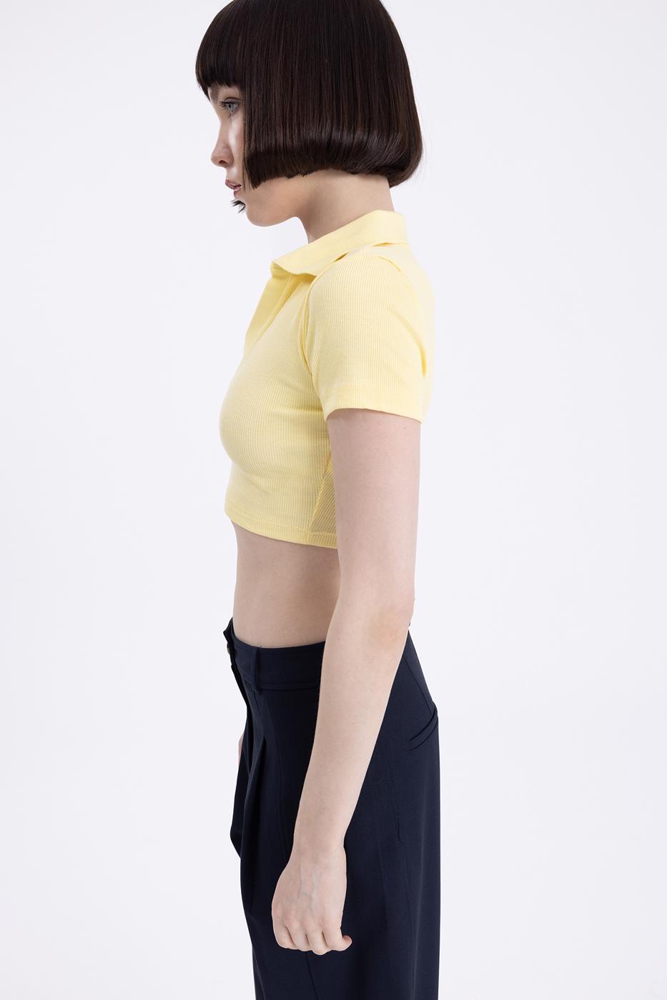 V-Cut Short Sleeve Polo Neck Crop Body Yellow