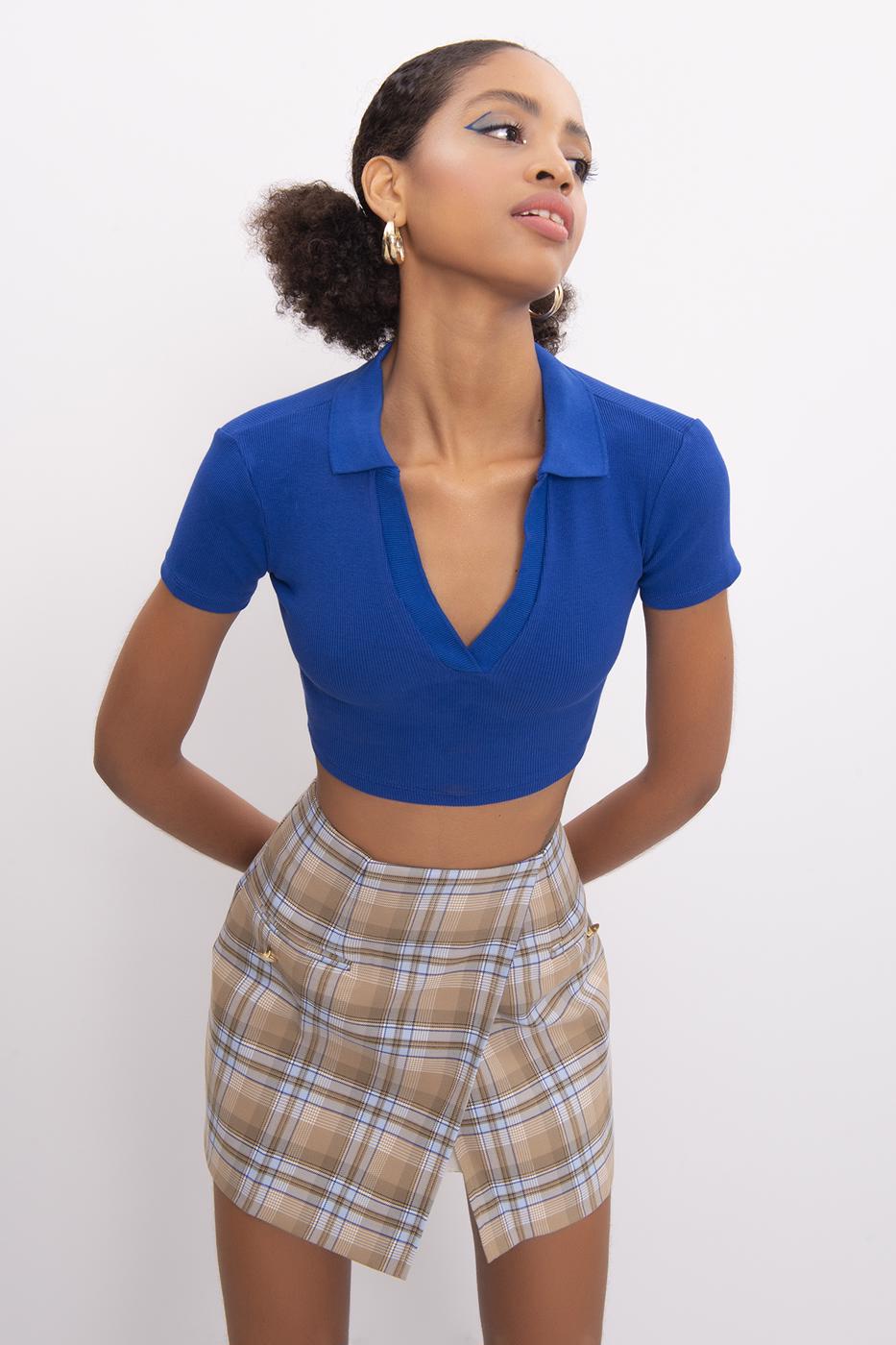 V-Cut Short Sleeve Polo Neck Crop Body Sax blue