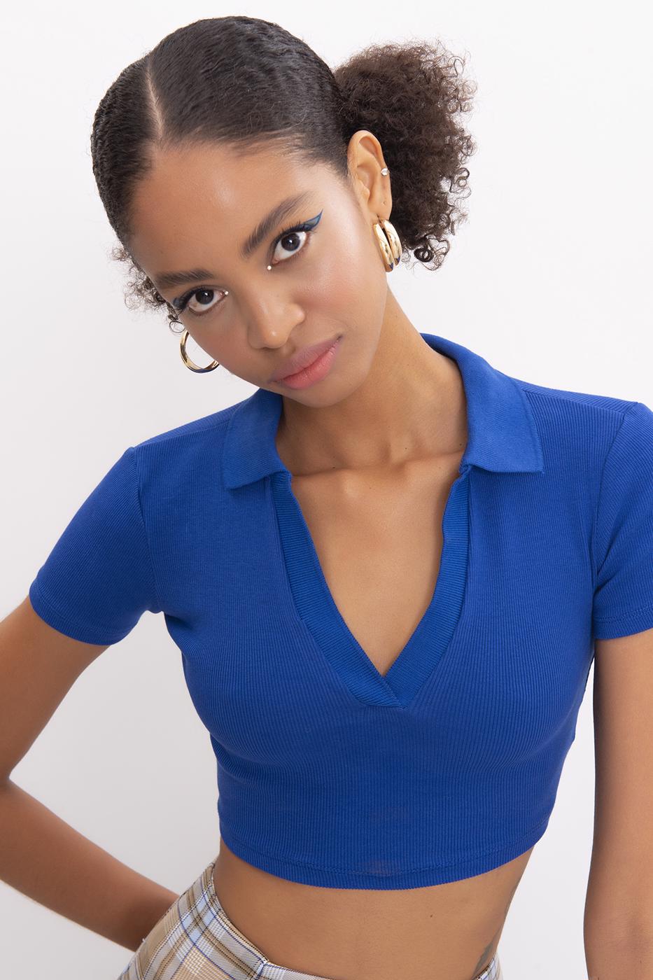 V-Cut Short Sleeve Polo Neck Crop Body Sax blue