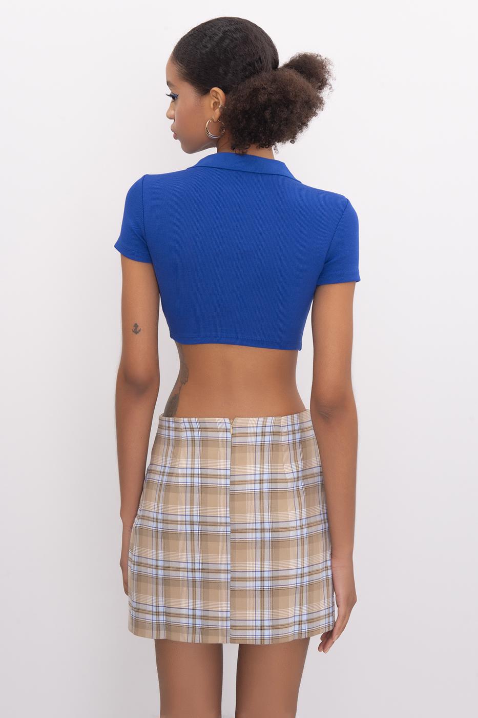 V-Cut Short Sleeve Polo Neck Crop Body Sax blue
