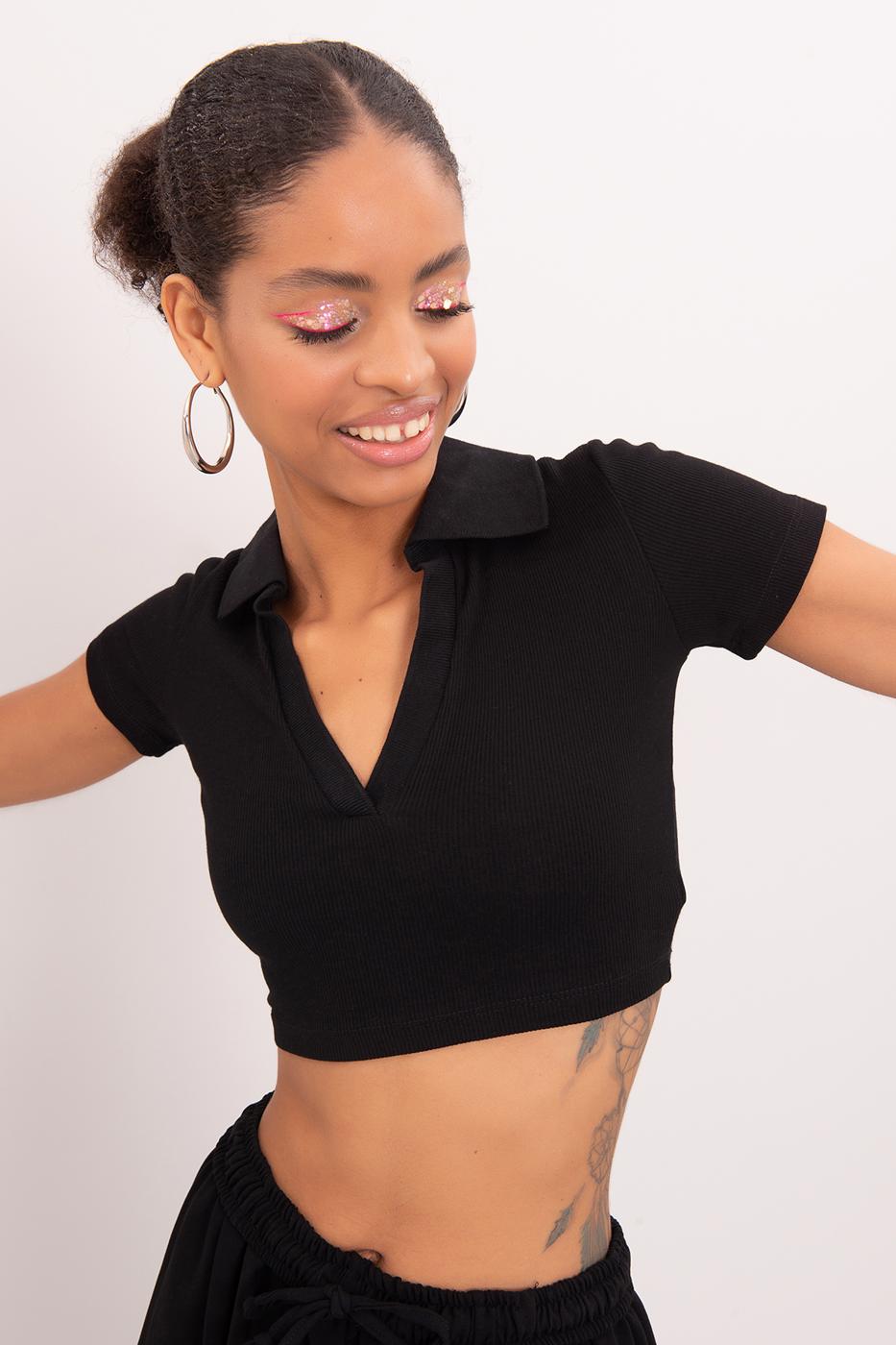 V-Cut Short Sleeve Polo Neck Crop Body Black