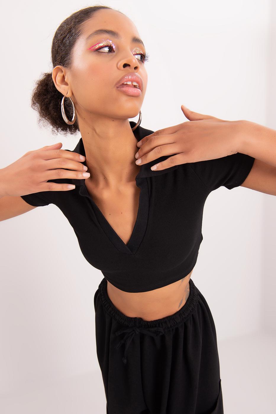 V-Cut Short Sleeve Polo Neck Crop Body Black
