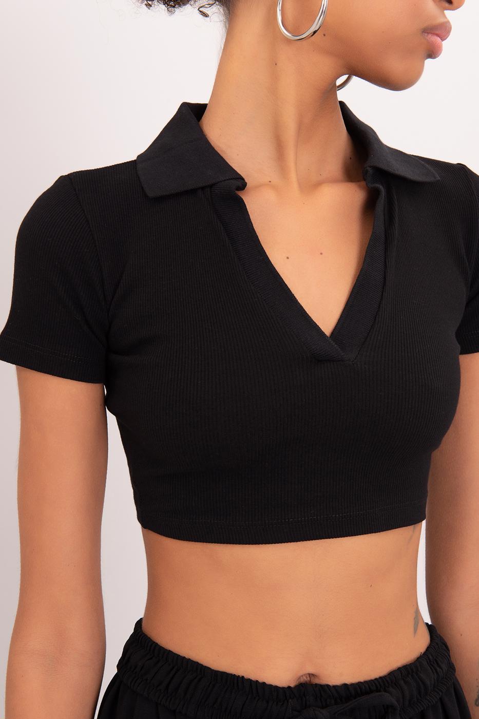 V-Cut Short Sleeve Polo Neck Crop Body Black