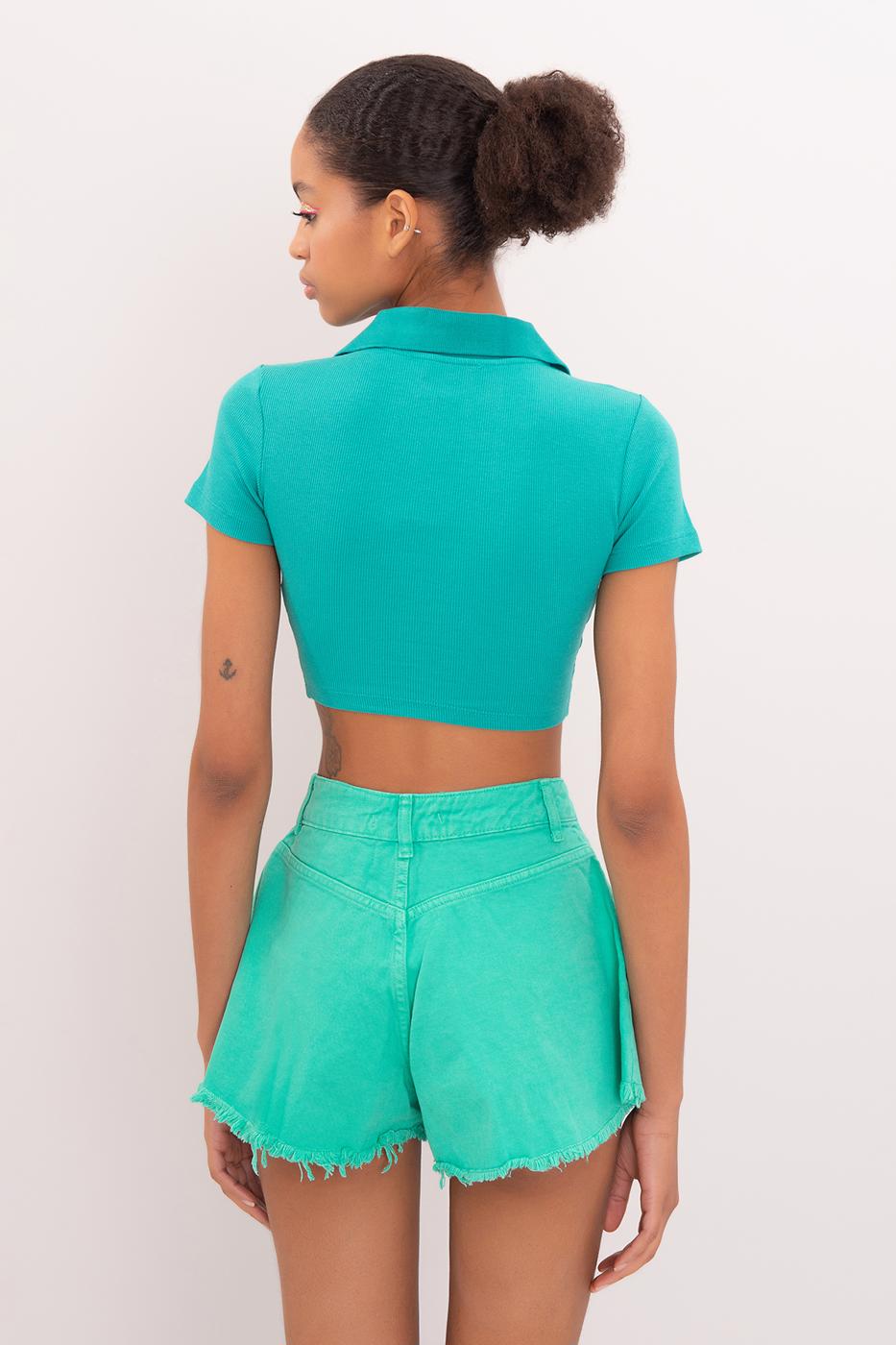 V-Cut Short Sleeve Polo Neck Crop Body Green