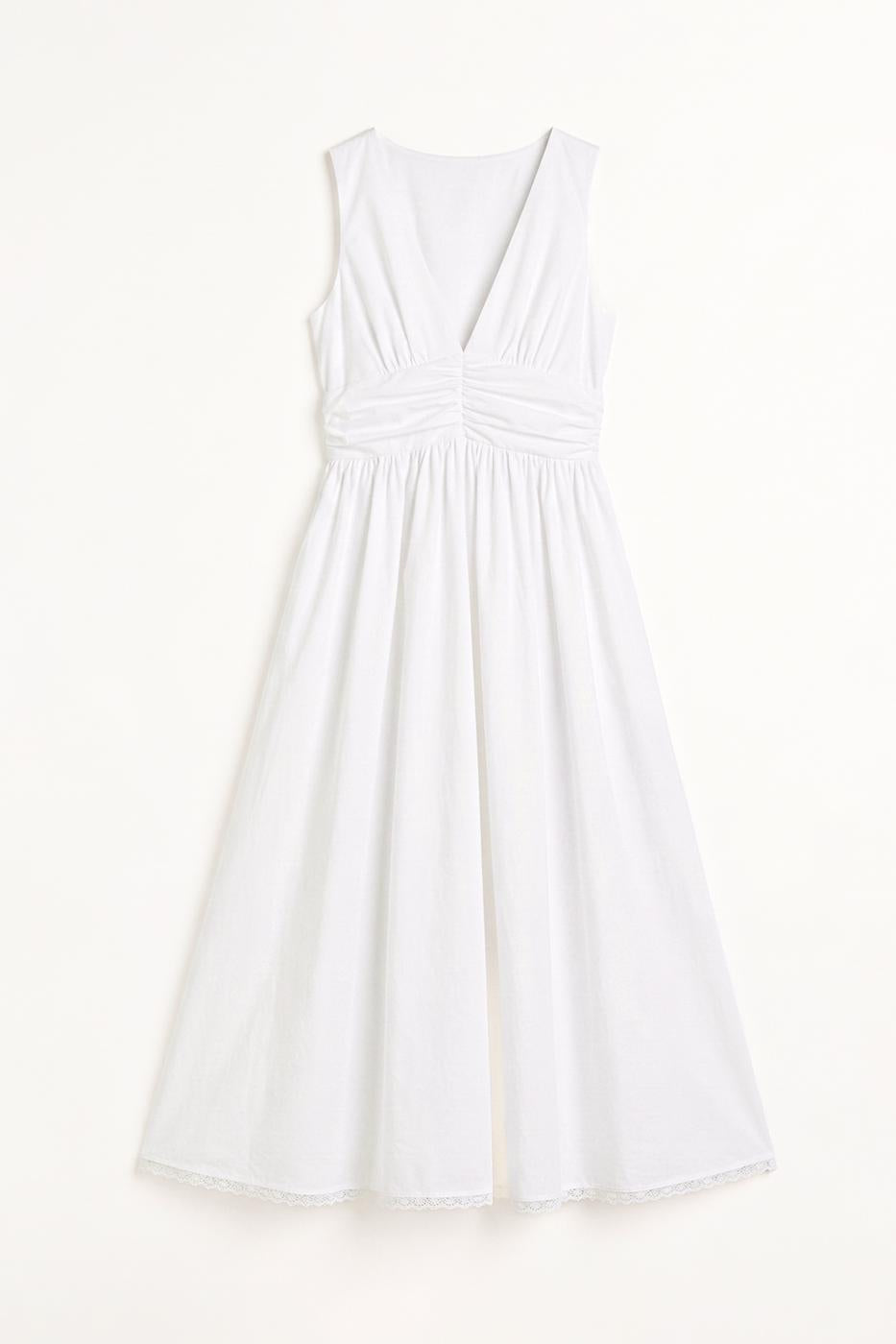 V-Neck Bodice Detail Ruched Midi Dress White