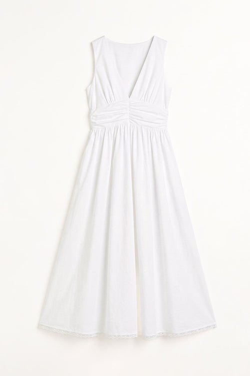 V-Neck Bodice Detail Ruched Midi Dress White