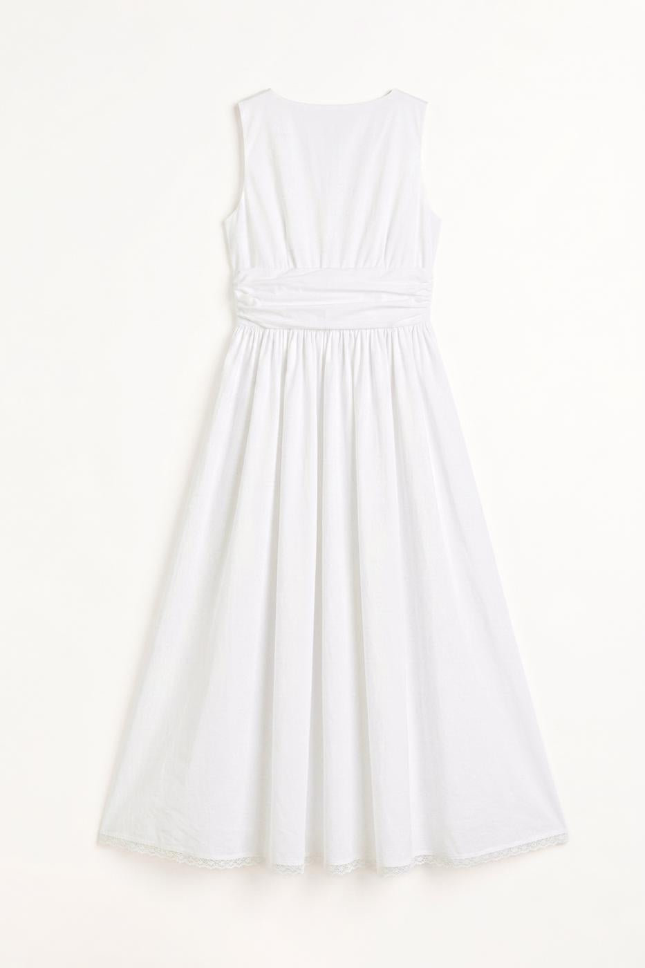 V-Neck Bodice Detail Ruched Midi Dress White