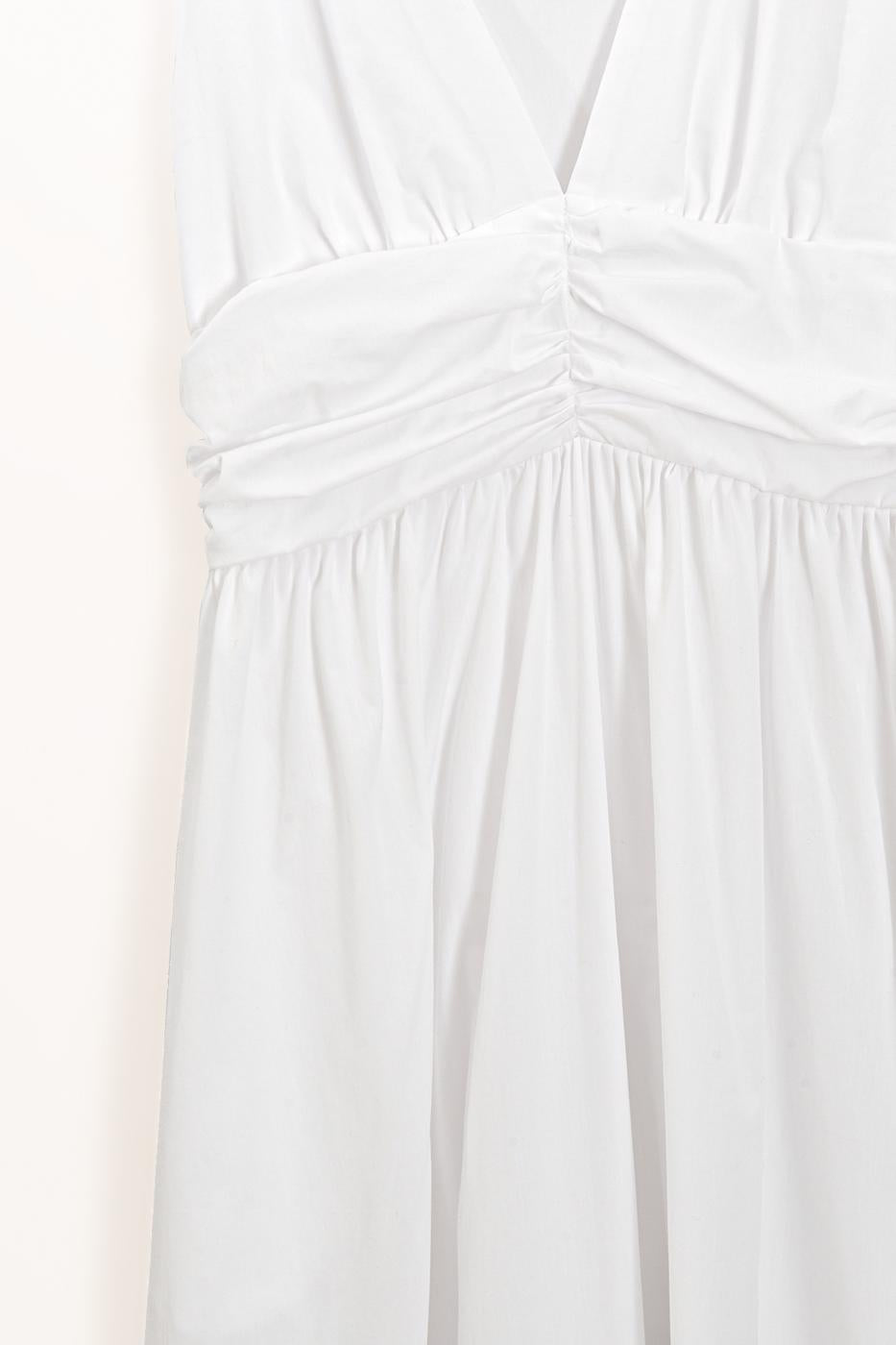 V-Neck Bodice Detail Ruched Midi Dress White