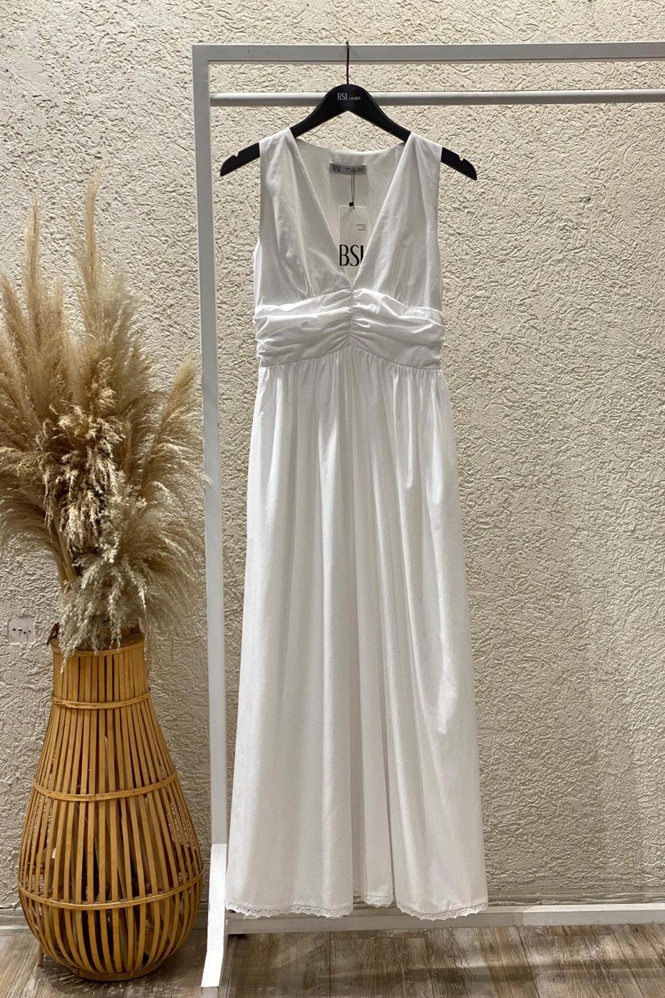 V-Neck Bodice Detail Ruched Midi Dress White