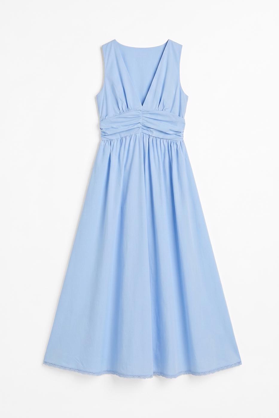 V-Neck Bodice Detail Ruched Midi Dress Blue