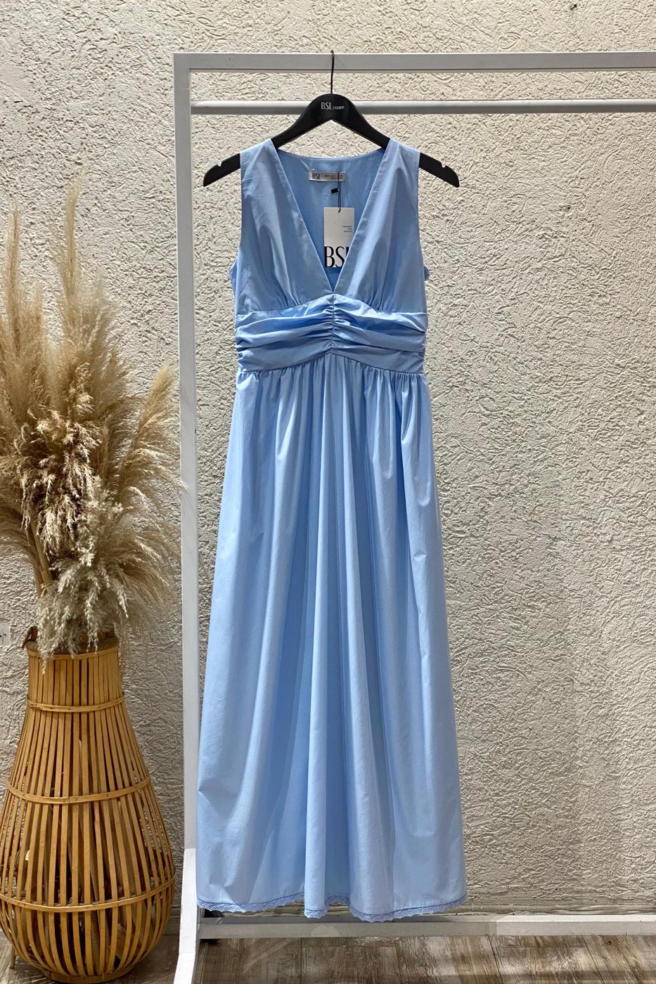 V-Neck Bodice Detail Ruched Midi Dress Blue