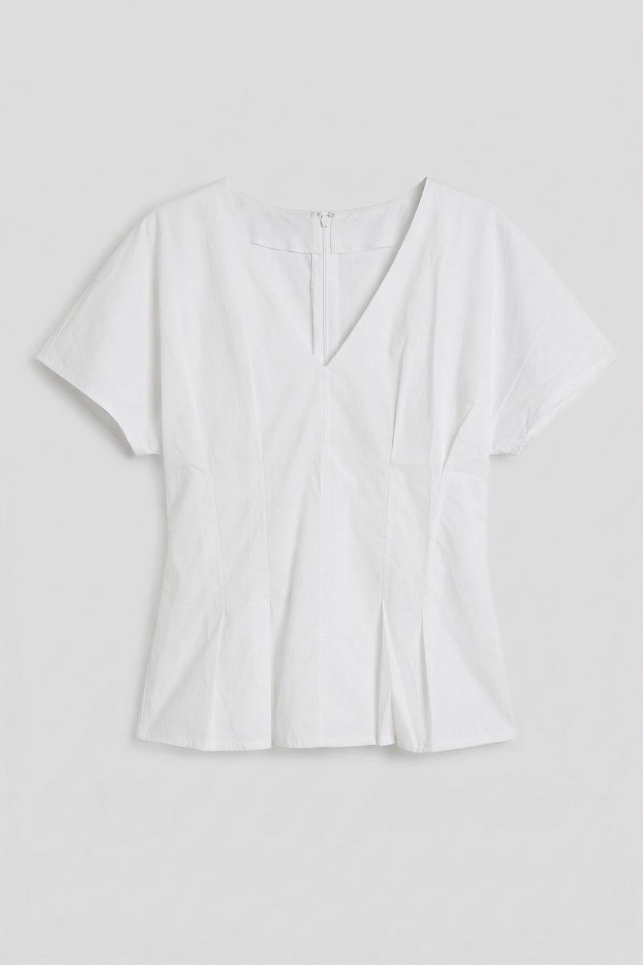 V-Neck Pleated Poplin Blouse White