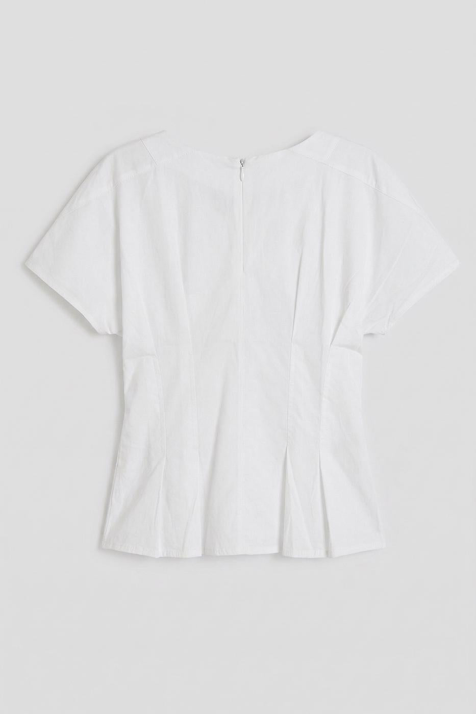 V-Neck Pleated Poplin Blouse White