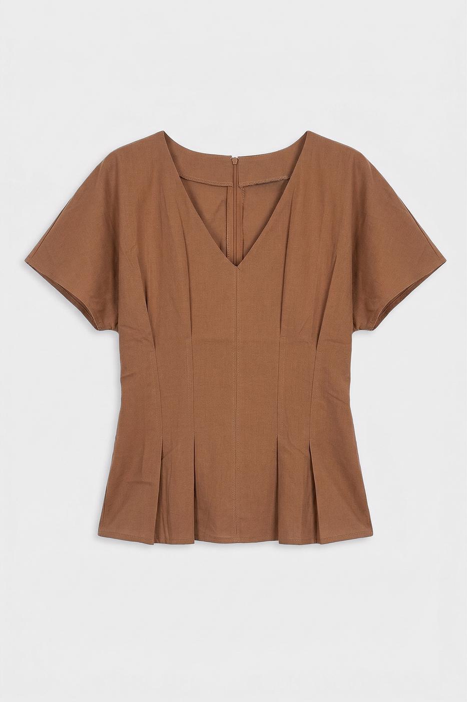 V-Neck Pleated Poplin Blouse Cinnamon