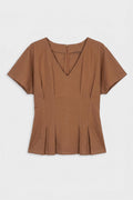 V-Neck Pleated Poplin Blouse Cinnamon