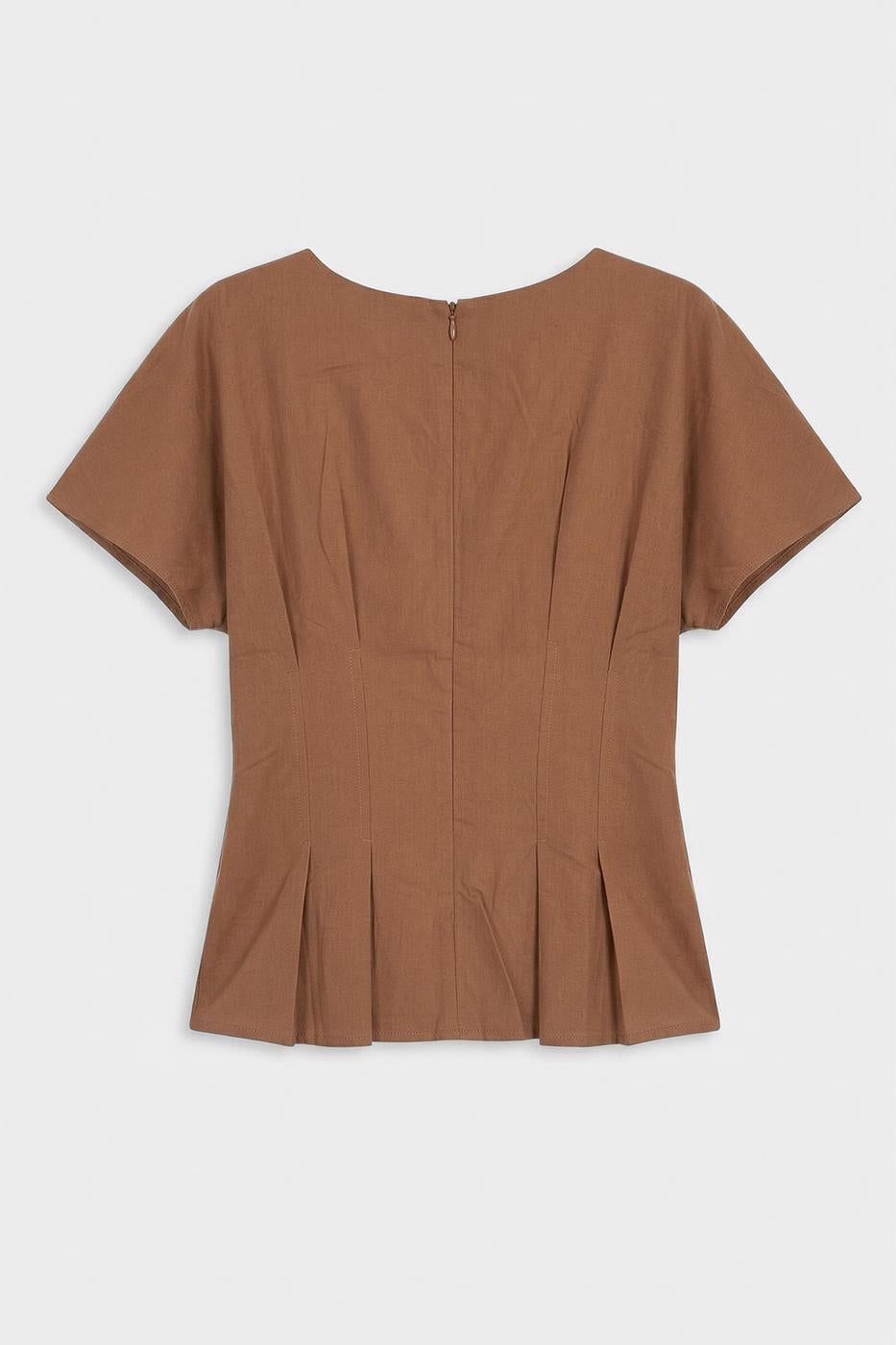 V-Neck Pleated Poplin Blouse Cinnamon