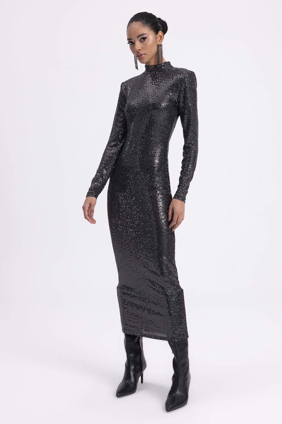 Padded Sequined Midi Pencil Dress Silver