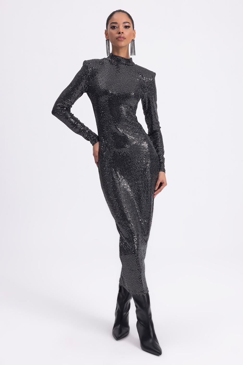 Padded Sequined Midi Pencil Dress Silver
