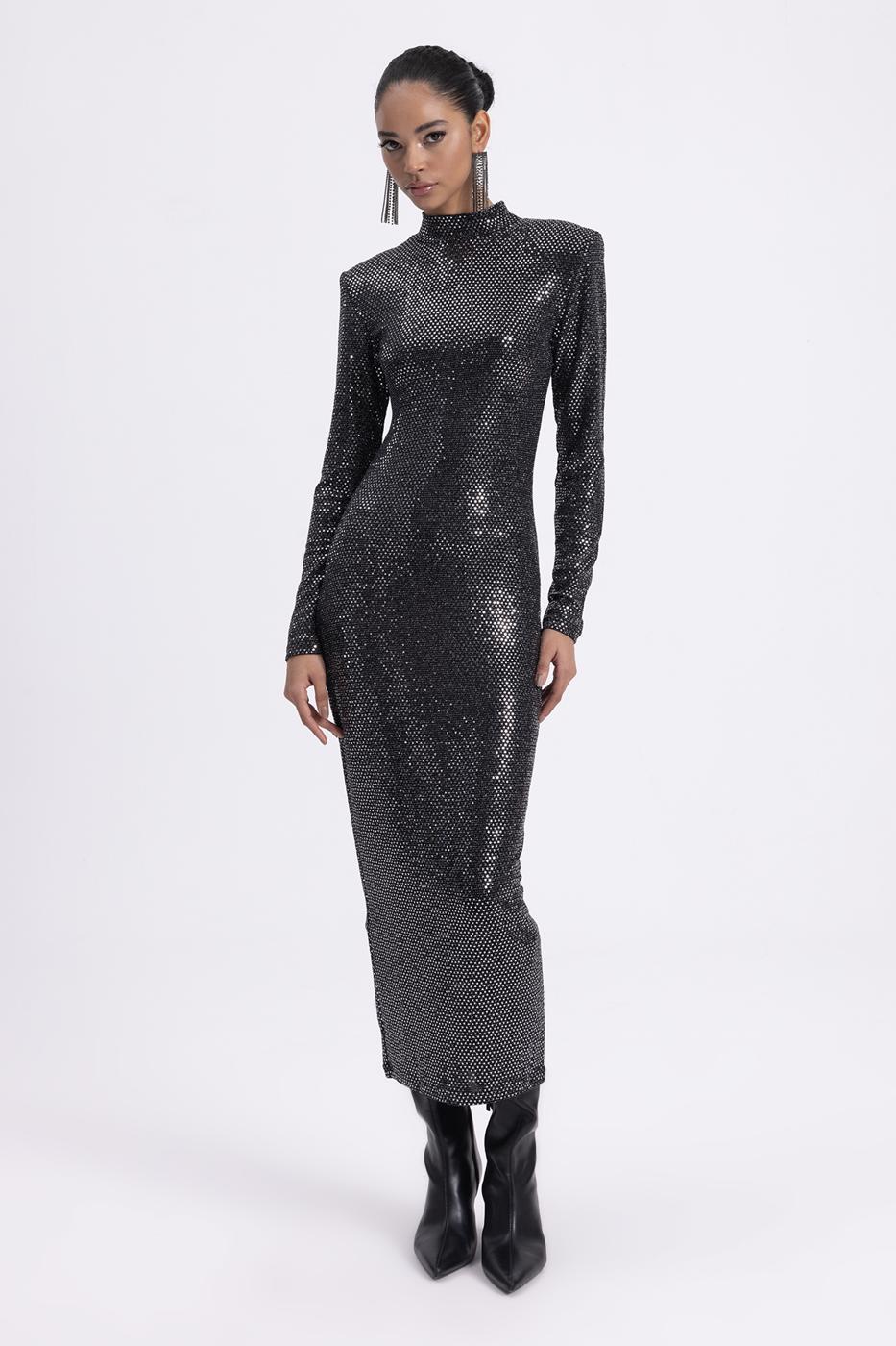 Padded Sequined Midi Pencil Dress Silver