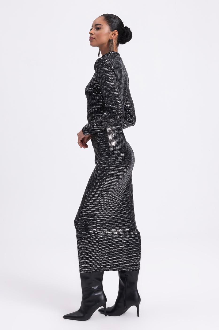 Padded Sequined Midi Pencil Dress Silver