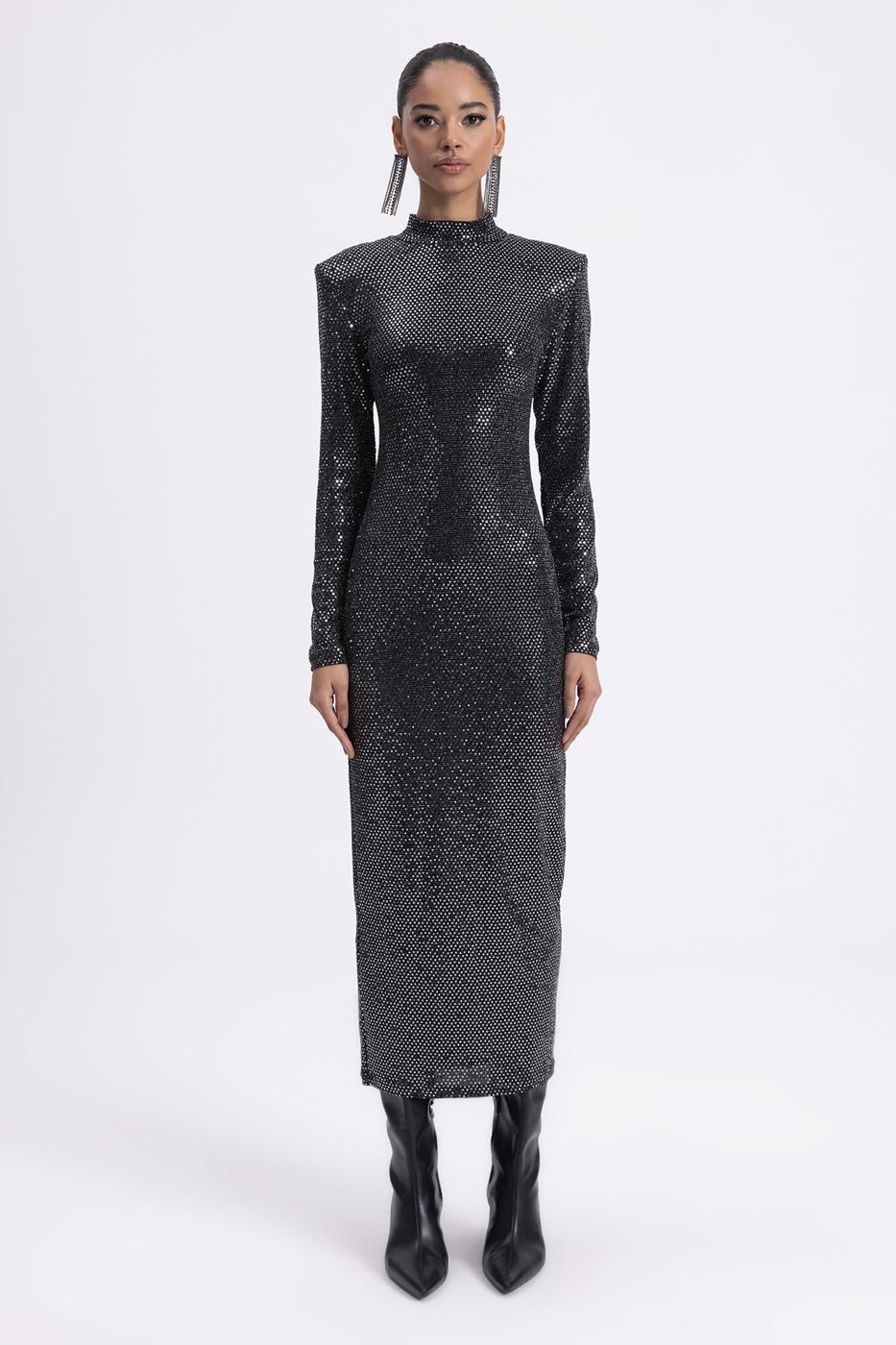 Padded Sequined Midi Pencil Dress Silver