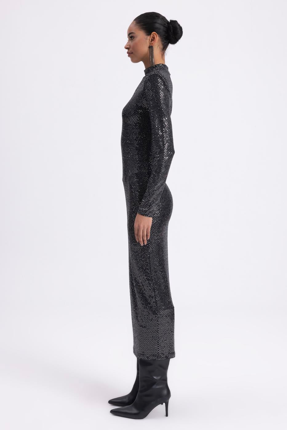 Padded Sequined Midi Pencil Dress Silver