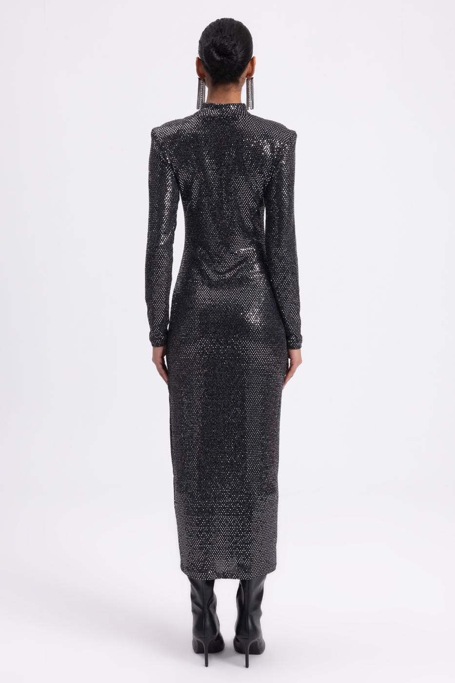 Padded Sequined Midi Pencil Dress Silver