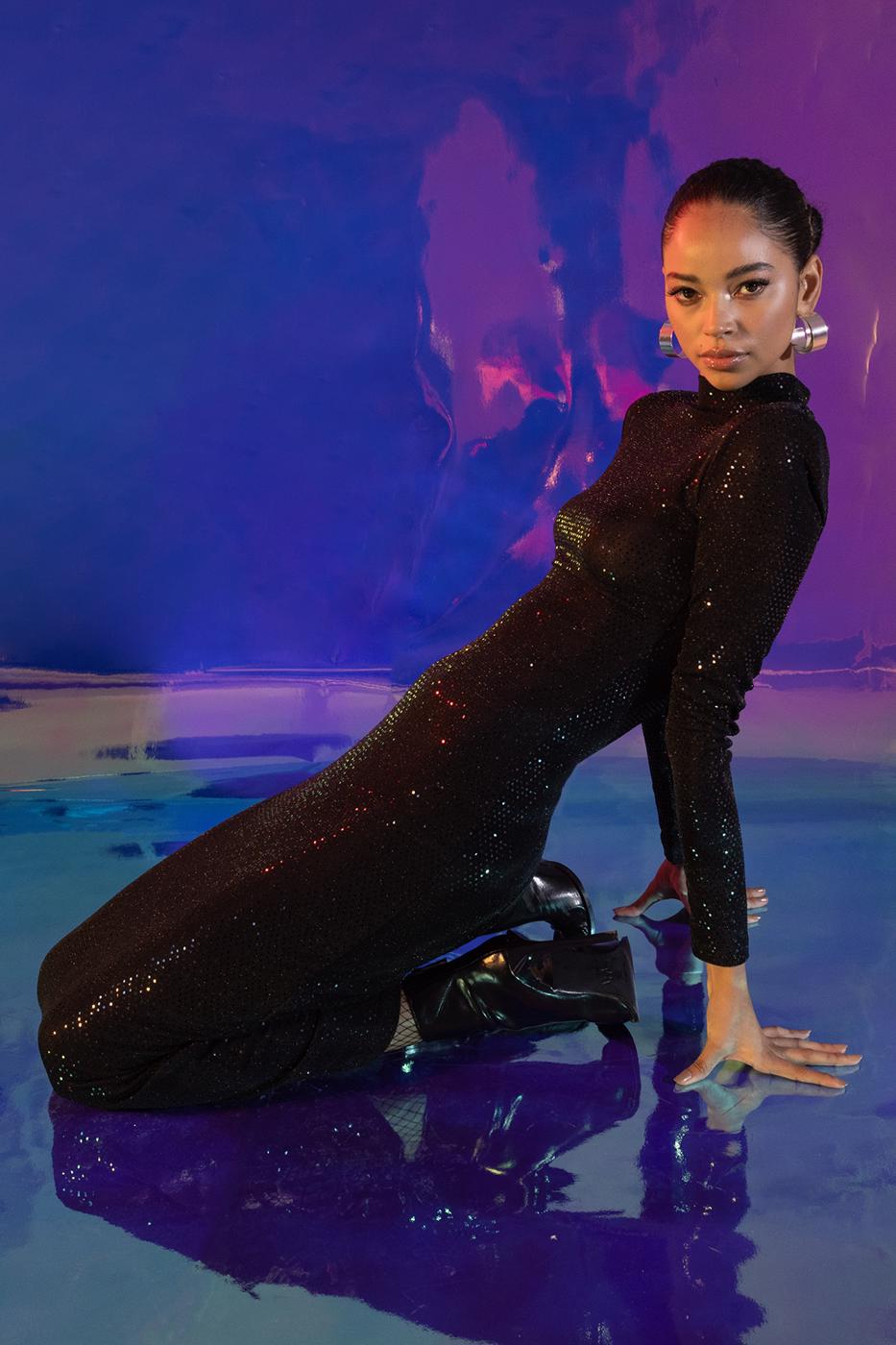 Padded Sequined Midi Pencil Dress Black