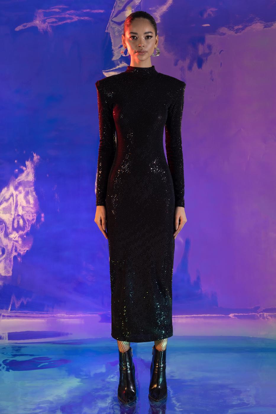 Padded Sequined Midi Pencil Dress Black