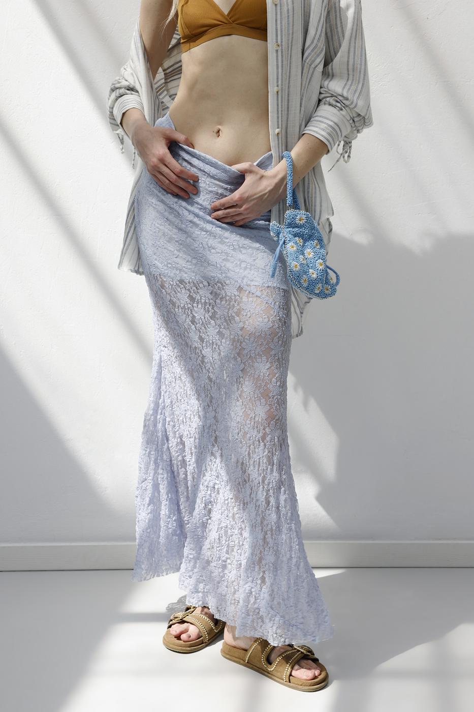 Flounced Lace Midi Skirt L.blue