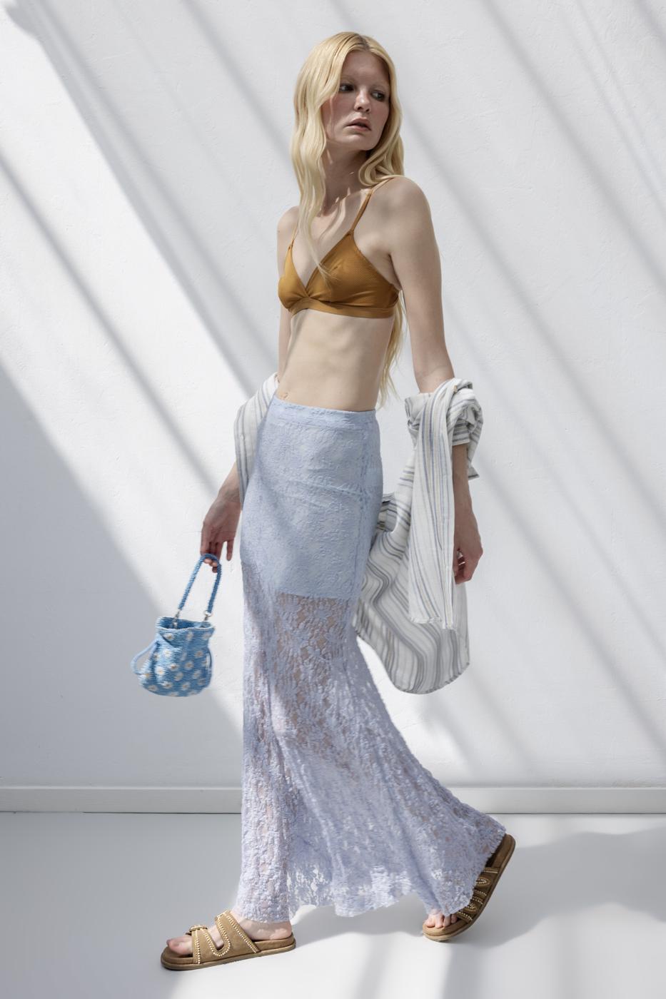 Flounced Lace Midi Skirt L.blue